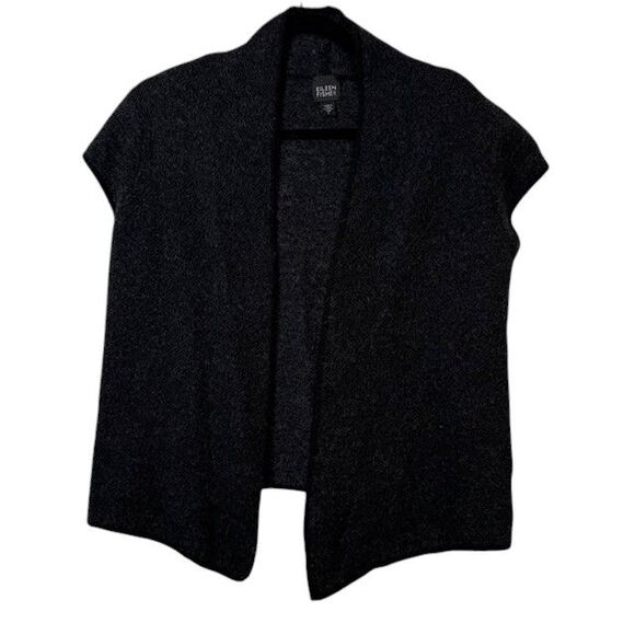 Eileen Fisher Alpaca Wool Blend Open Front Cap Sleeve Cardigan Marld Black Small - Picture 1 of 10